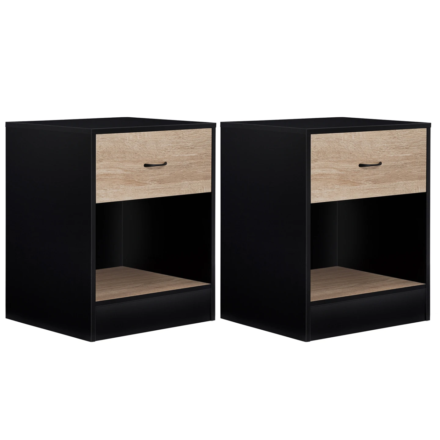 Lot de 2 tables de chevet OLGA 1 tiroir avec niche bois noir et tiroir façon hêtre