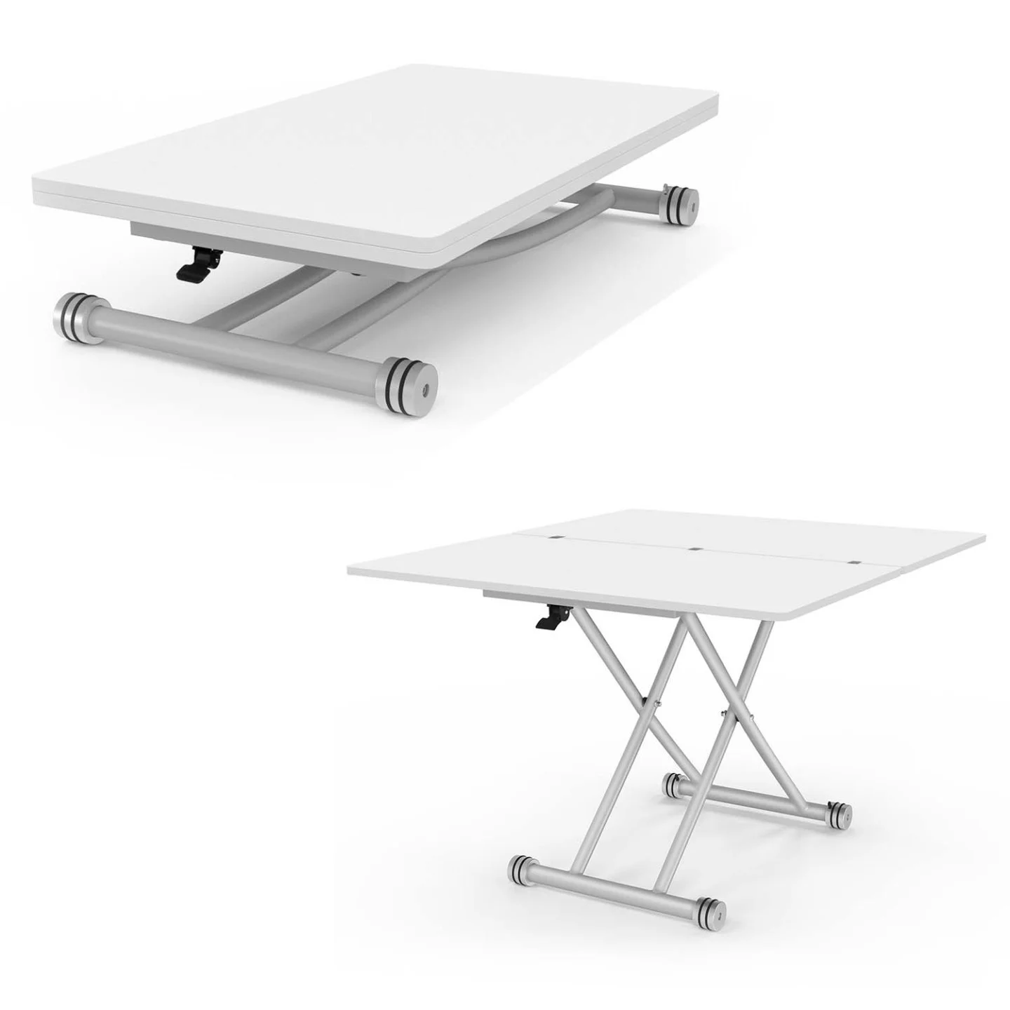 Table basse 2-en-1 relevable en table à manger 6-8 personnes plateau portefeuille URBANA plateau blanc pied chrome