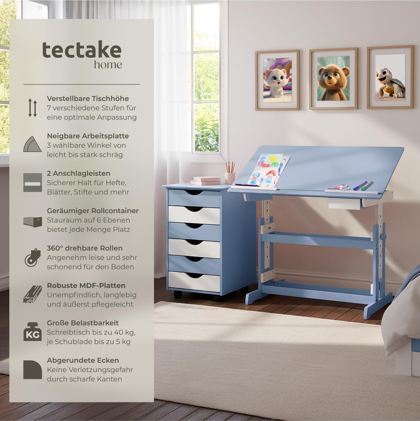 tectake® höhenverstellbarer Schreibtisch, Kindertisch, Kinderschreibtisch höhenverstellbar und neigbar mit Schreibtisch Zubehör Rollcontainer mit Schubladen, Kinderzimmer Möbel, Jugendzimmer - blau