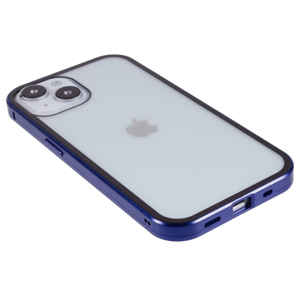 iPhone 14 Magnetische Alu Schutzhülle mit Panzer Glas Backcover   Privacy Glas Displayschutz (Magnet-Technologie) - Dunkelblau