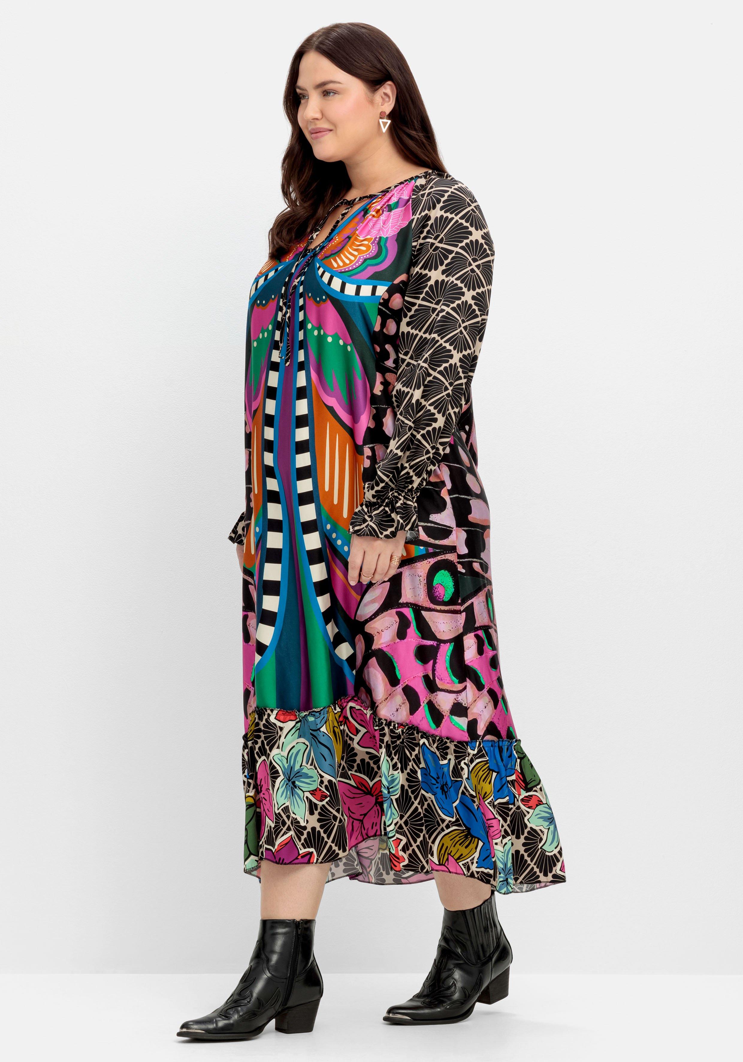 Maxikleid mit Volant und buntem Alloverdruck