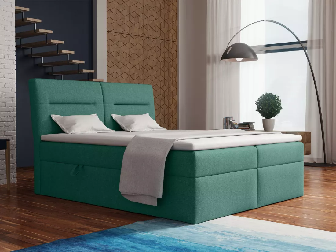 LE LIT BOXSPRING Moderno avec coffres de lit et surmatelas, en tissu Fancy 36 (vert), 200x200 cm.