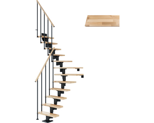 Pertura Spiros Antraciet Middentrap, Kwartslag, Linksonder/Rechtsonder 75 cm, Balustrade van gelijmd beukenhout, Gelakt, 11 Treden / 12 Stootborden