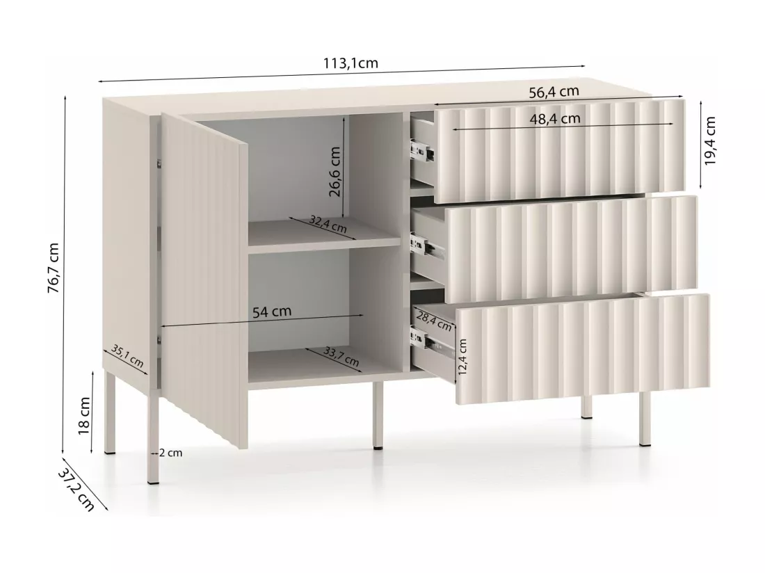Commode avec façades cannelées - 113 cm - beige clair - DERRIVA
