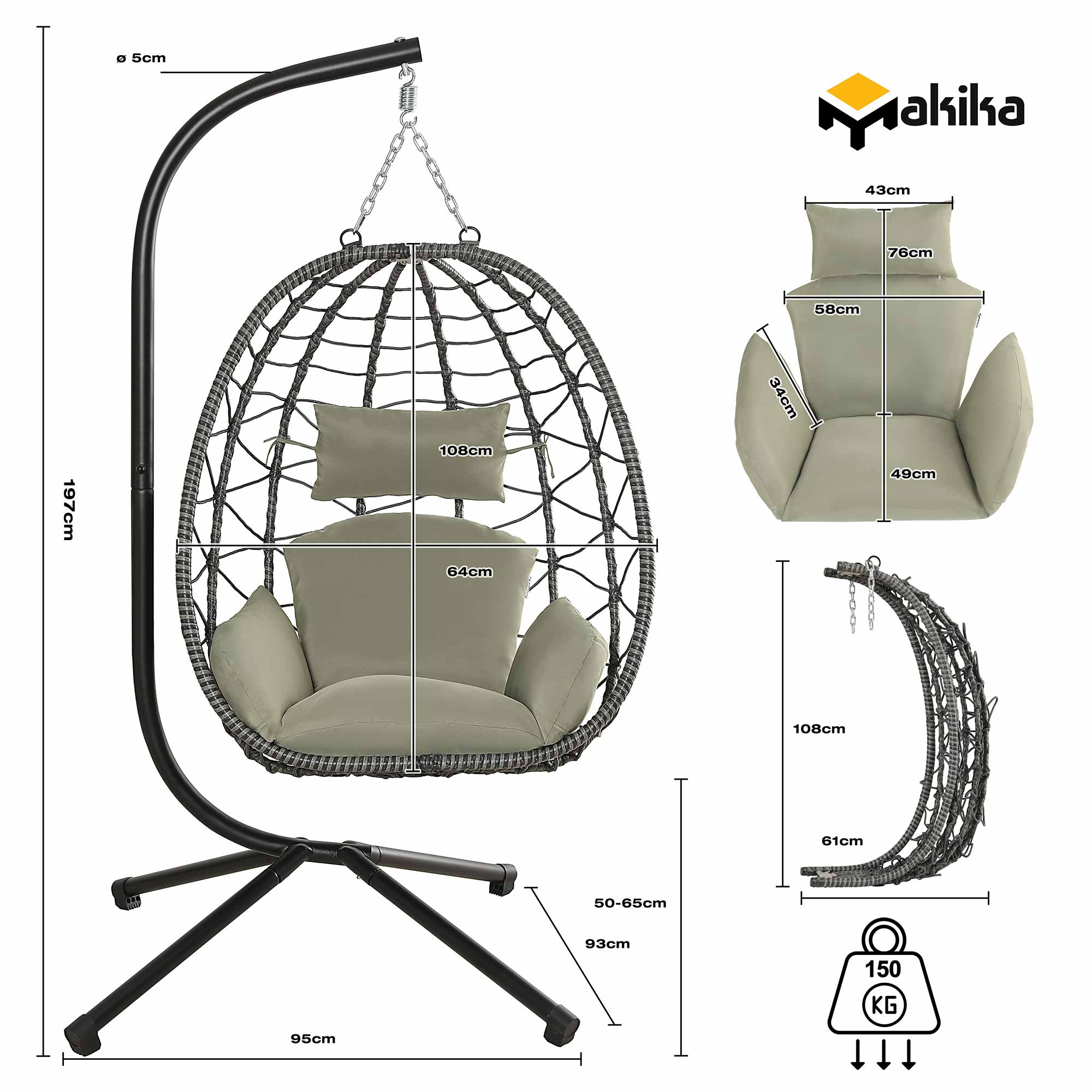 Makika Hängesessel mit Gestell höhenverstellbar aus Polyrattan in Grün / Grau