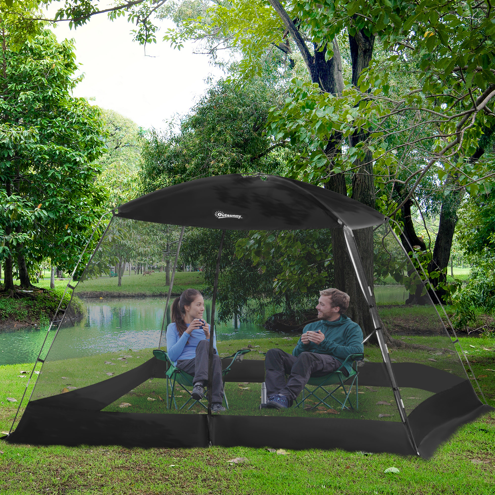 Tenda/gazebo de jardim Outsunny preta para 4 a 6 pessoas, ideal para camping.
