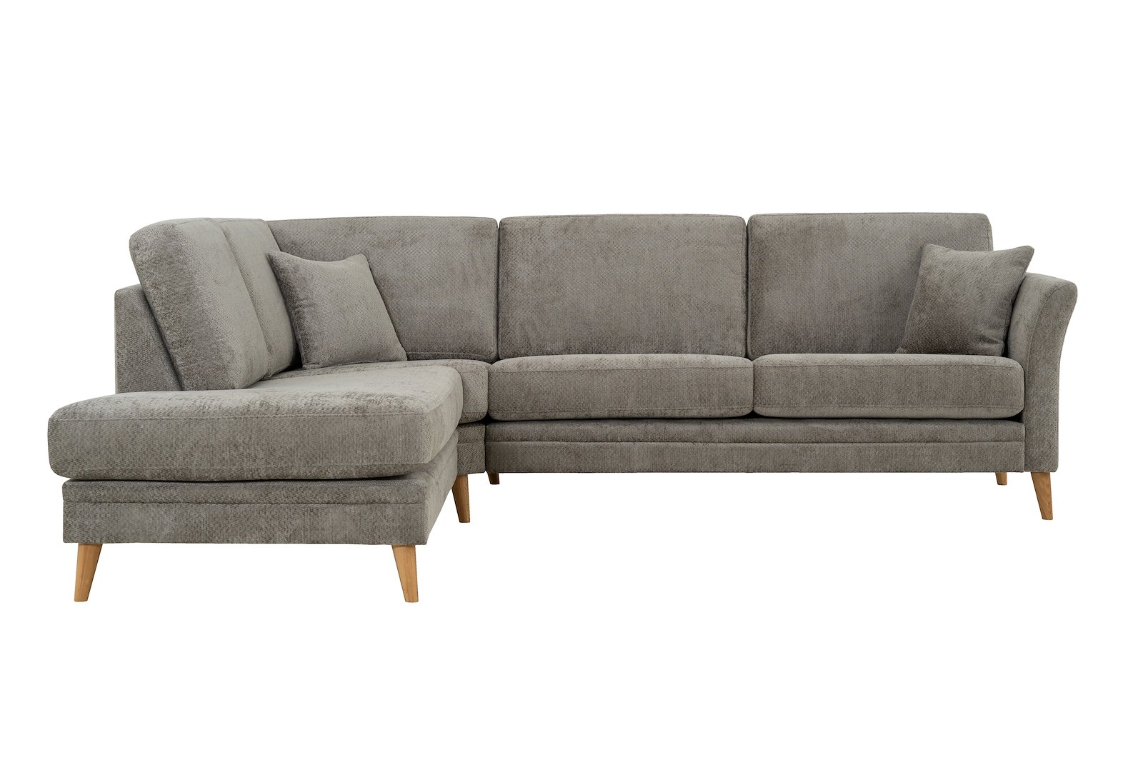 Eden hjørnesofa 2,5-seter med åpen ende venstre. Tekstil Movie 3/3 Warm Grey med ben i eik natur (15137).