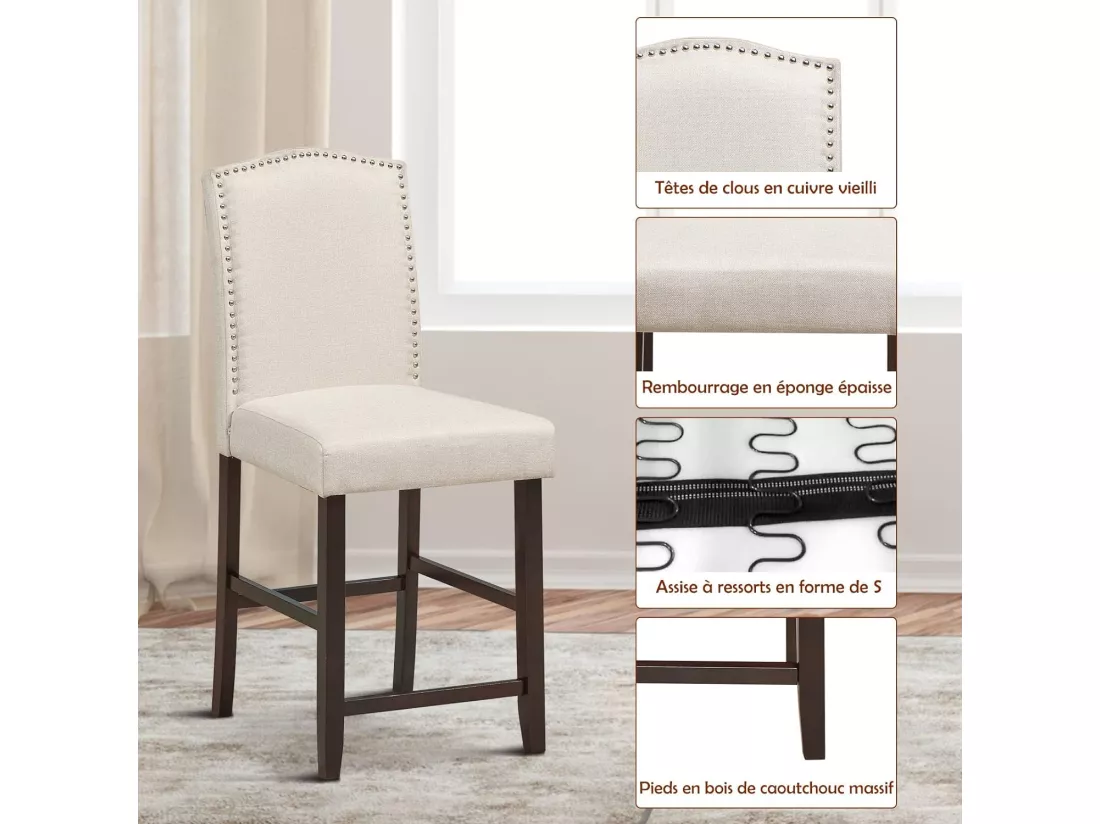 Lot de 2 chaises de bar avec coussin epais, pieds en bois d'hévéa
