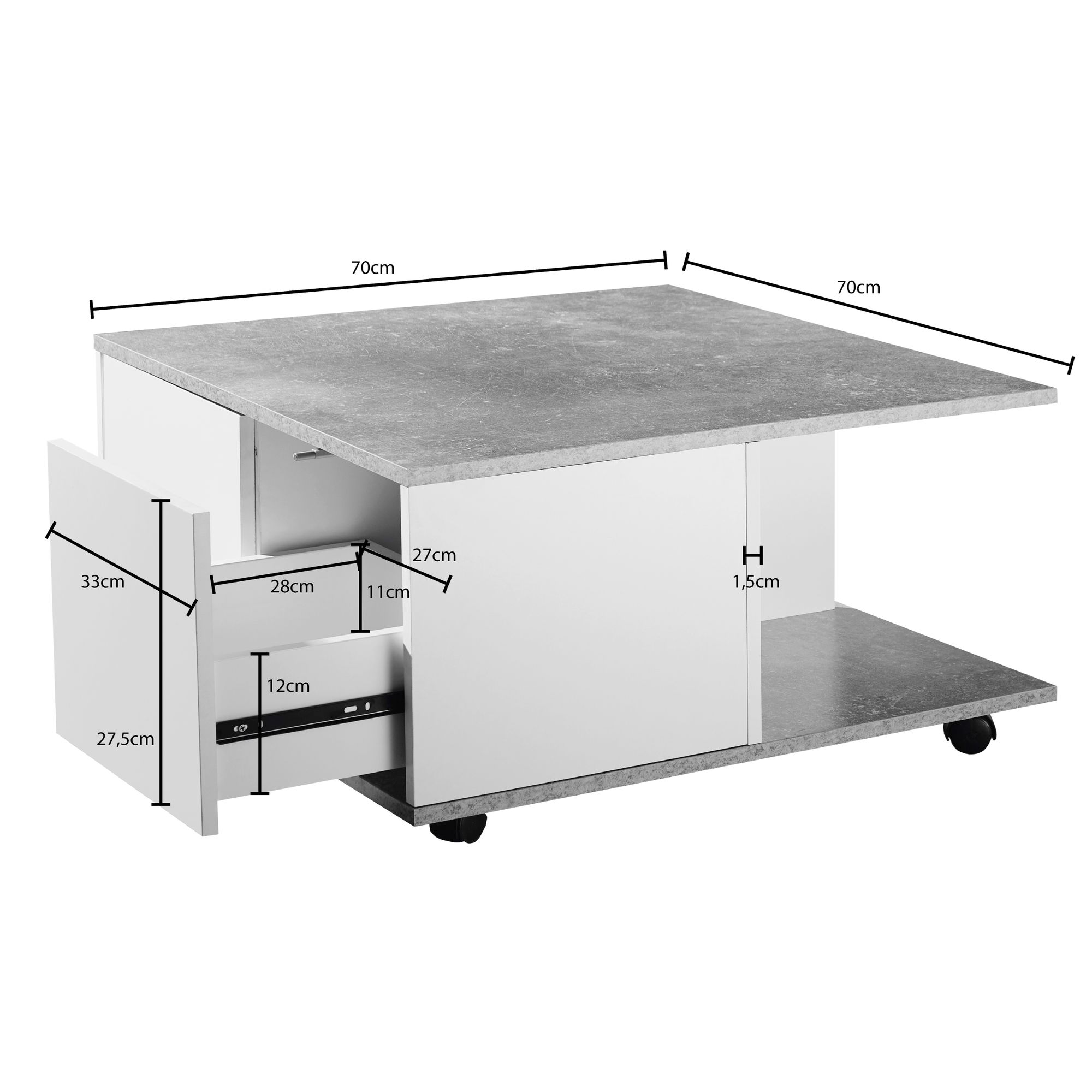 KADIMA DESIGN Couchtisch RAPIDO: 70x70x36,5 cm, 2 Schubladen, Rollen, Melaminharzbeschichtung, Weiß/Anthrazit.