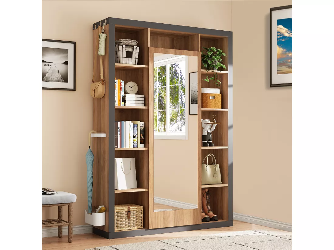 Vestiaire avec miroir et étagères de rangement - 115 x 30 x 165 cm - MDF - Naturel et gris