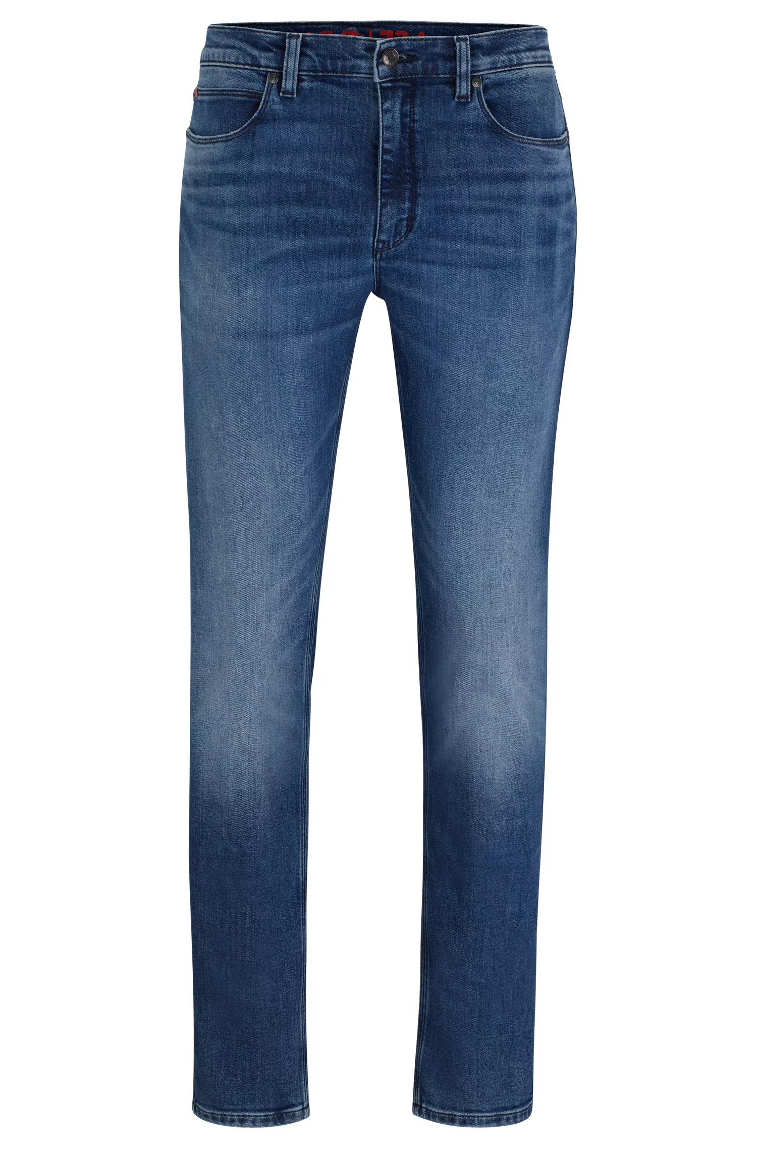 Calça jeans HUGO vermelha, extra slim fit, em denim azul com elasticidade confortável.