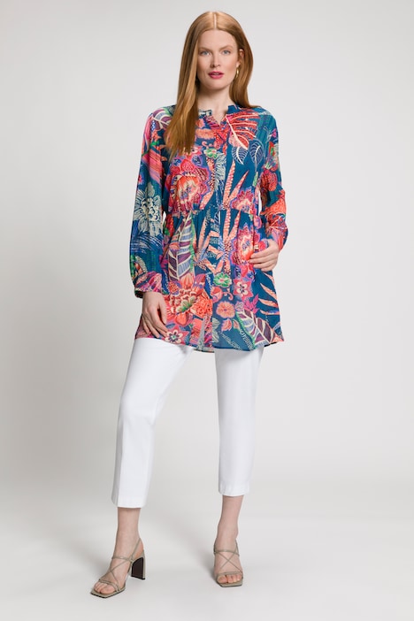 Longbluse, Stehkagen, gekräuselte Quernaht, Langarm