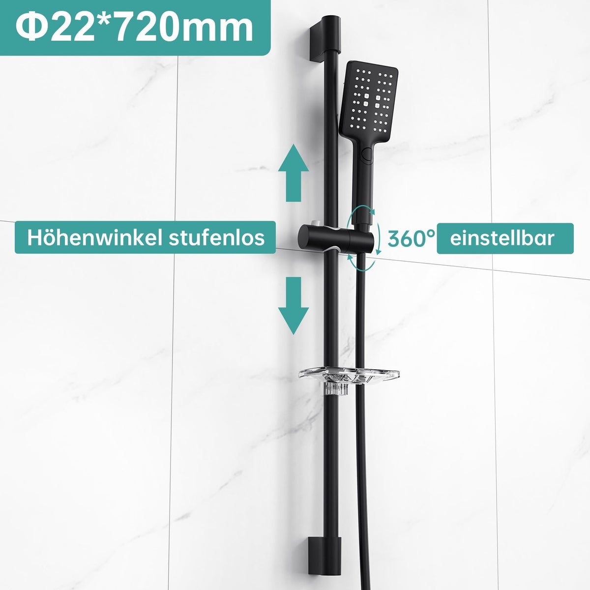 EMKE Doucheset – Doucheset met handdouche, zeephouder, 3 straalsoorten, 72 cm glijstang, 150 cm slang, zwart
