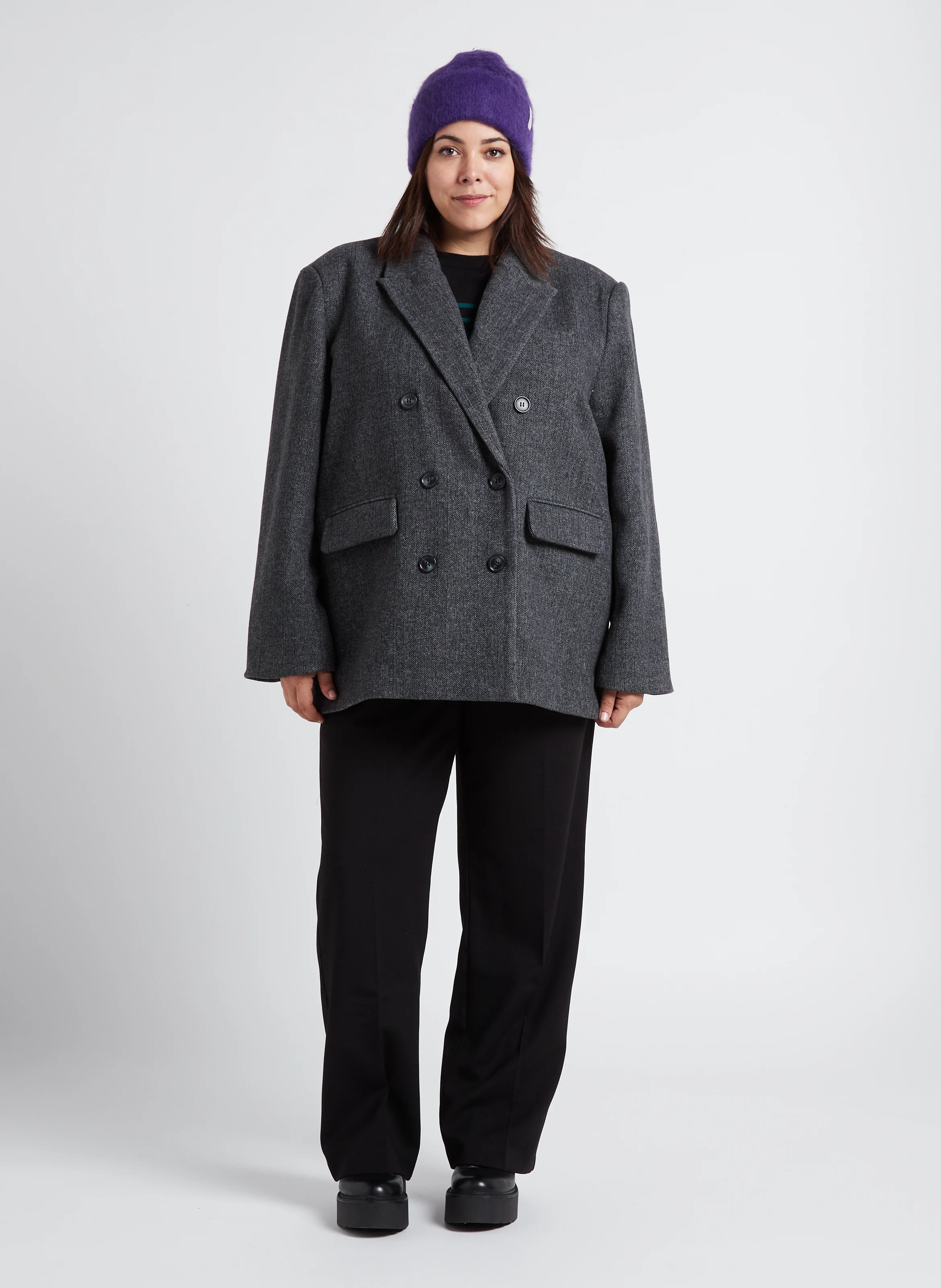 Manteau mi-long col tailleur à chevrons en maille mélangée | Gris