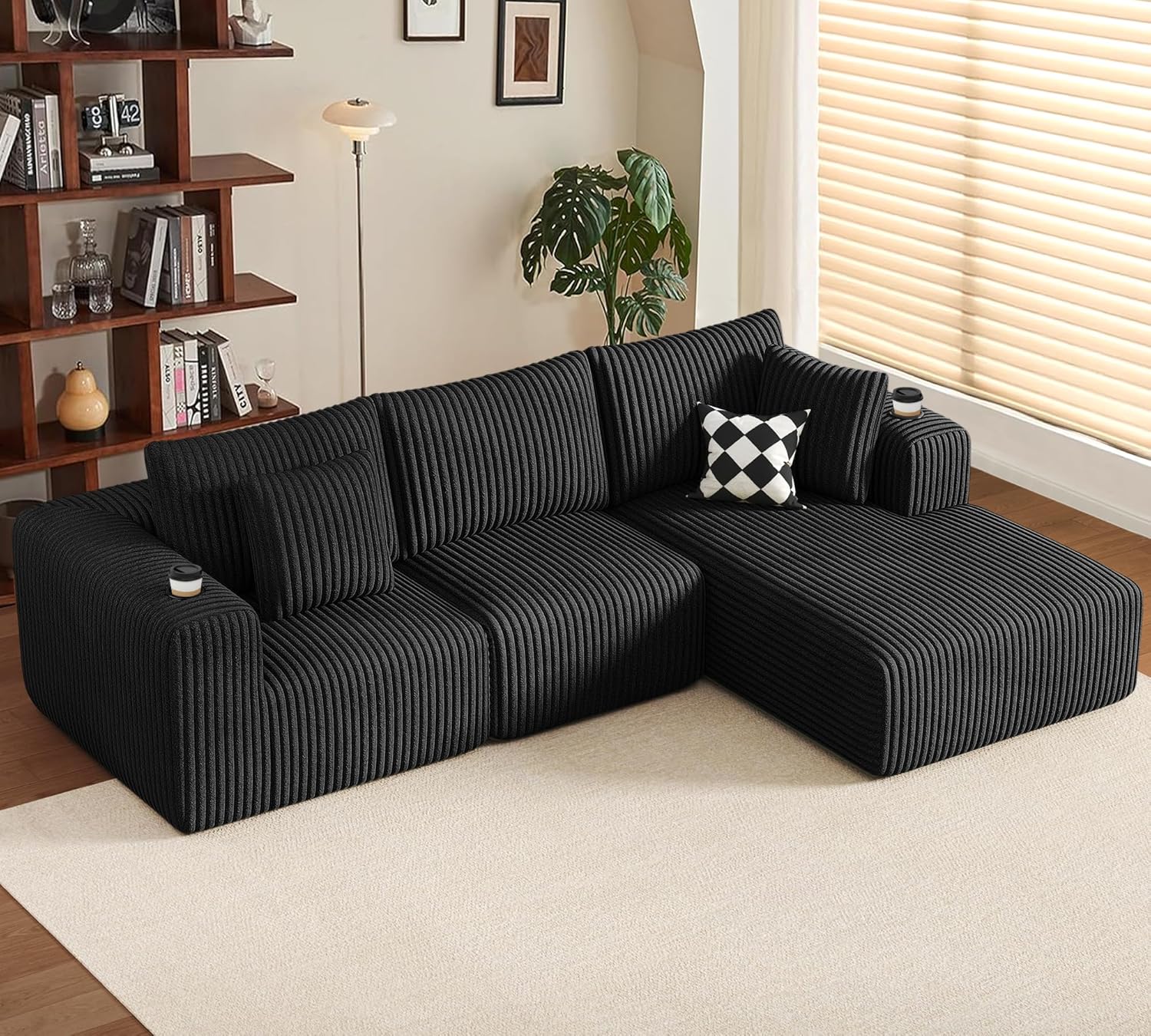 DURASPACE Modulares Sofa, Cloud Boneless Couch mit tiefer Sitzfläche, Getränkehalter, Memory-Schaumstoff, L-förmige Couch aus Cord, ausziehbares Schlafsofa für Wohnzimmer und Schlafzimmer, keine Monta