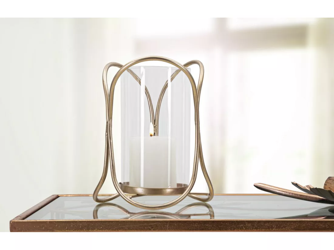 Support de Bougie en Métal Doré avec Coupelle en Verre - Porte-bougie Glox Dark Ø 16x21,5 cm, Design Géométrique Élégant avec Lignes Douces