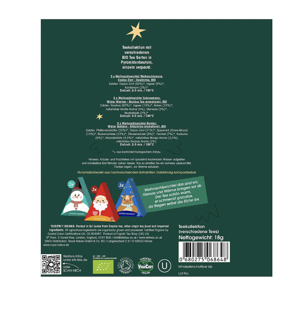 (9-tlg. Set) Weihnachtswichtel Bio Wintertee Pyramiden Teebeutel Geschenkbox (68648) - Dunkelgrün