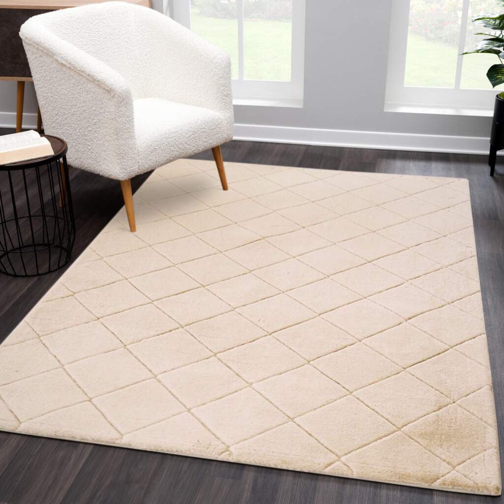 Carpet City Hochflor-Teppich »Moment« rechteckig 31 mm Höhe besonders weich, Kaninchen Fell Haptik, 3D-Effekt, Rauten, Wohnzimmer