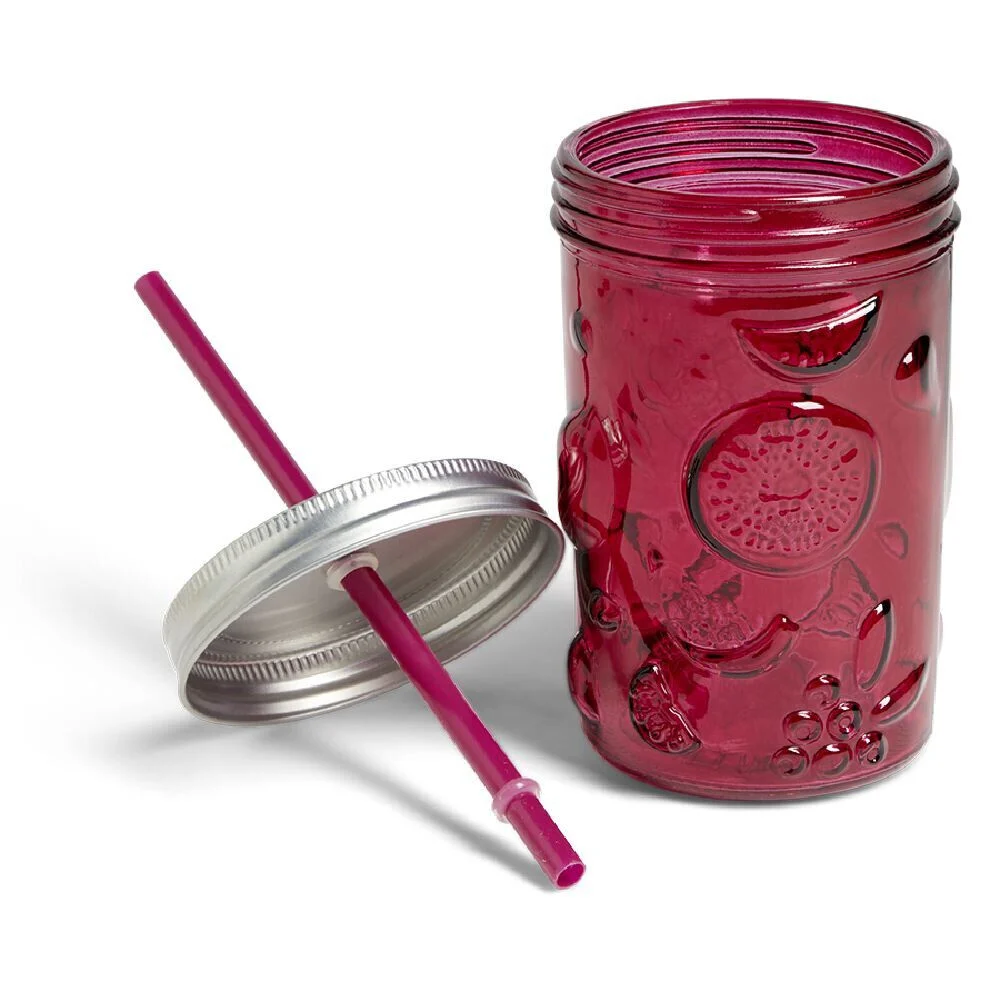 Gobelet 500ml en verre couvercle métal avec paille - 3 coloris