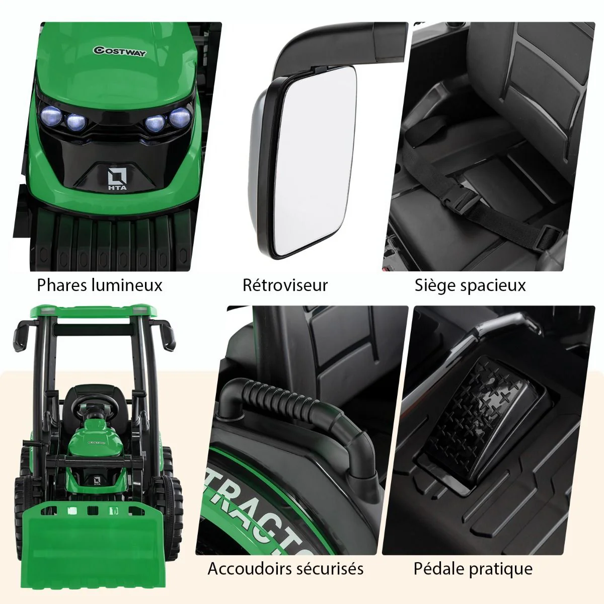 12V Tracteur Électrique Enfants avec Pelle&Remorque Amovible Véhicule Électrique à 6 Roues avec Télécommande & Musique 3-6 km/h pour 3-8 Ans Jaune/Vert