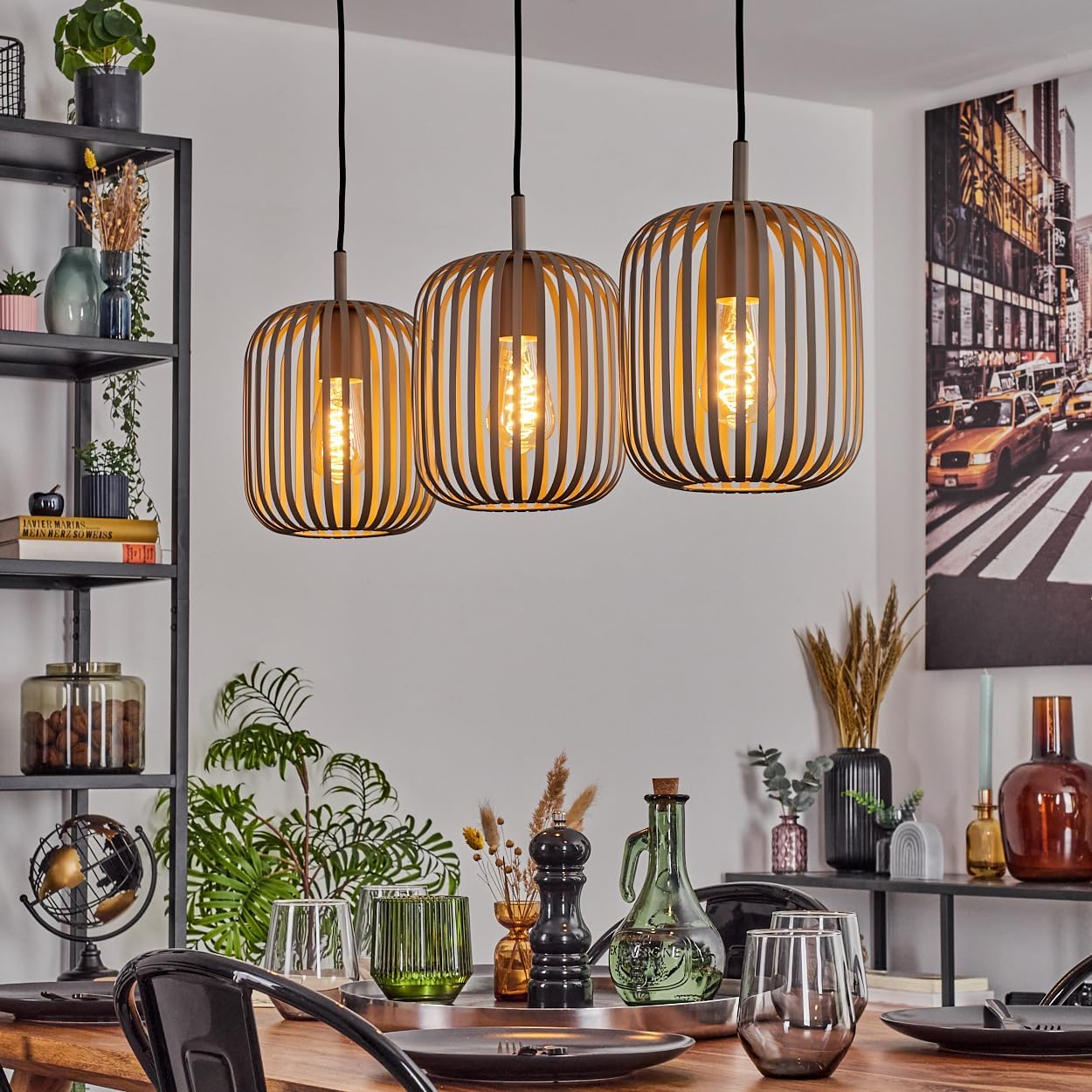 HOFSTEIN Hängeleuchte Bystrup, 3-flammige Hängelampe aus Metall in Sandfarben/Beige, Leuchte im modernen Boho-Design (Ø Schirme 20,5 cm), E27, Pendelleuchte max. 110 cm, Esszimmer, Wohnzimmer, Küche