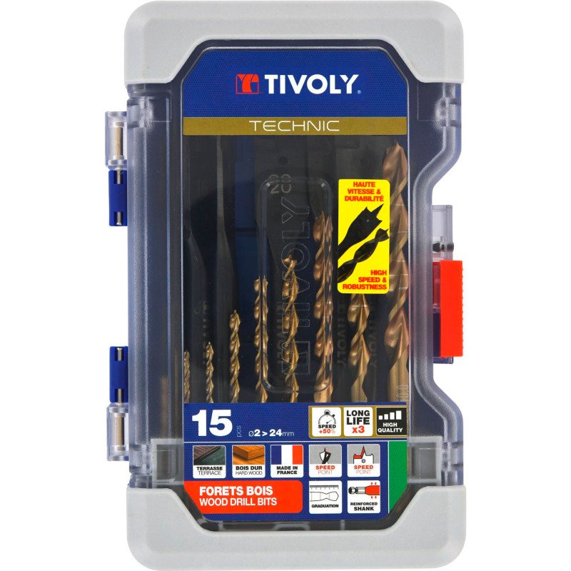 Coffret de 15 forets bois Tivoly Technic (9 forets bois HSS speed point Ø 2 à 10 mm + 6 mèches bois plates Ø 14 à 24 mm)