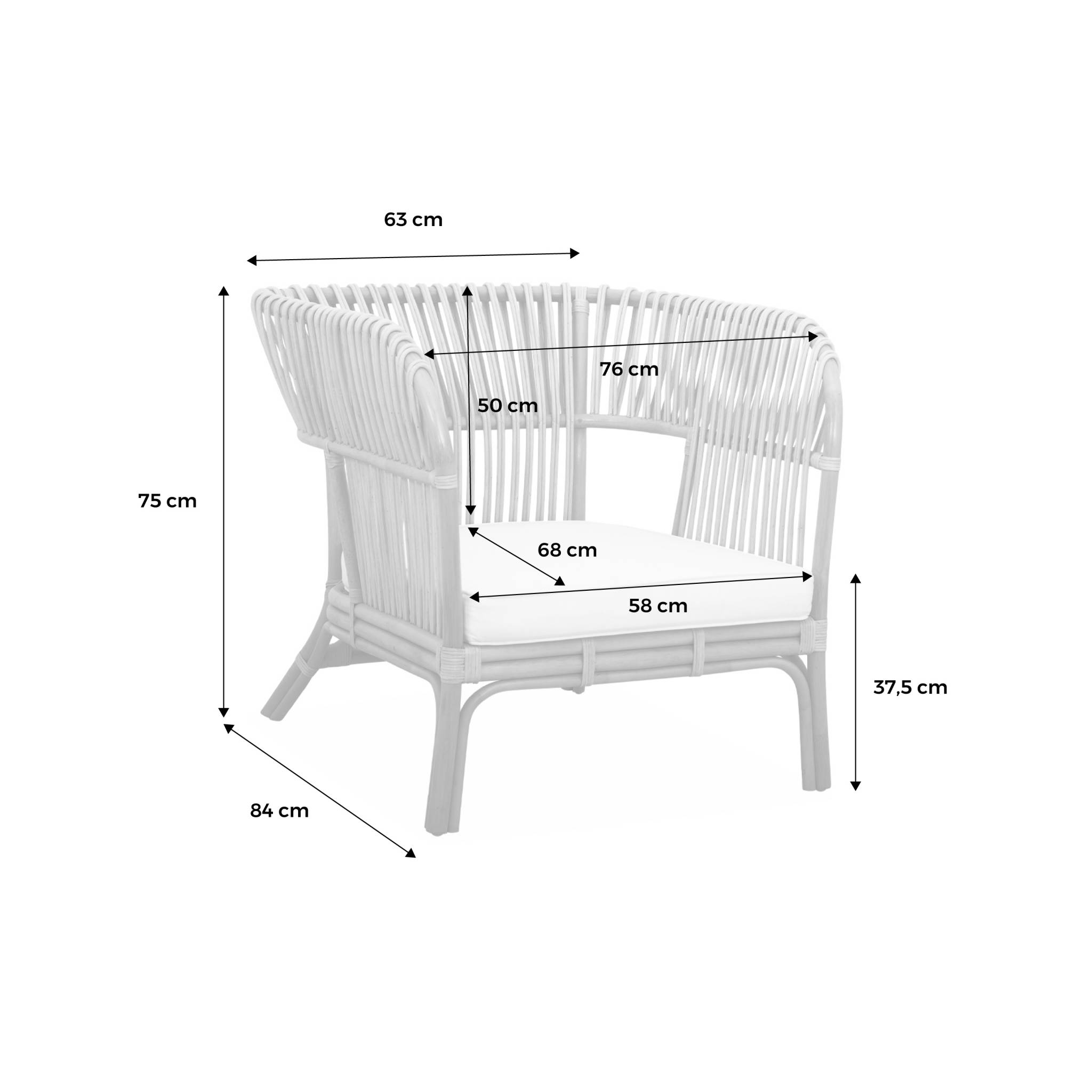Fauteuil en rotin avec coussin d'assise. Moorea. L 76 x p 84 x h 75cm