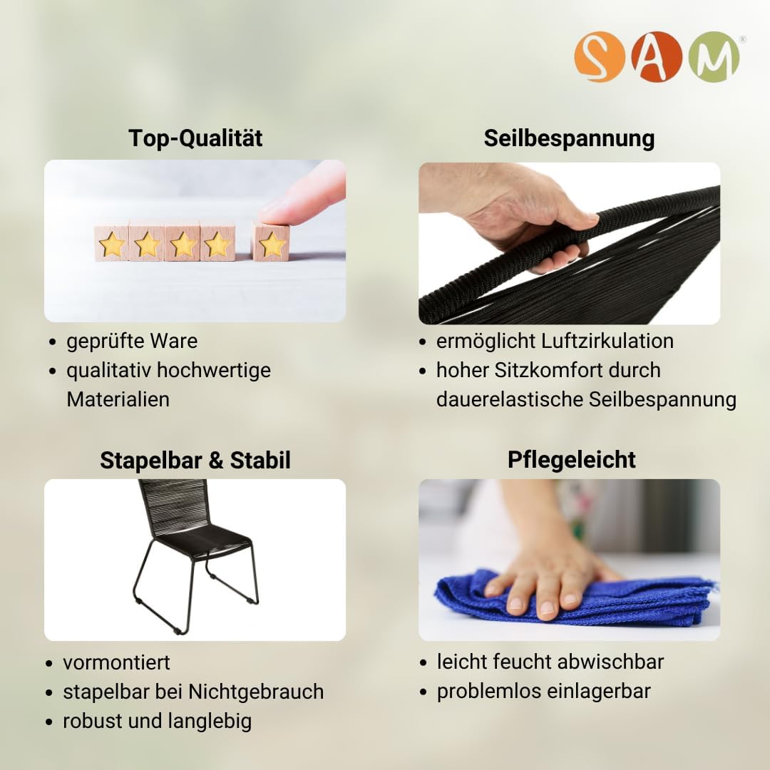 Loreno 6er Set Outdoor Seilstuhl ISRA – Stapelbare Gartenstühle mit Grauer Seilbespannung aus Polyester & schwarzem Eisen-Gestell – Modernes Rope Chair Design für Garten, Balkon & Terrasse, Schwarz
