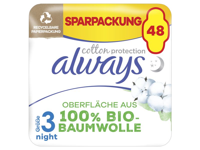 Always Binde mit Flügeln Ultra Cotton Protection Night 48 S Hochwertige Binden mit saugfähigem Kern