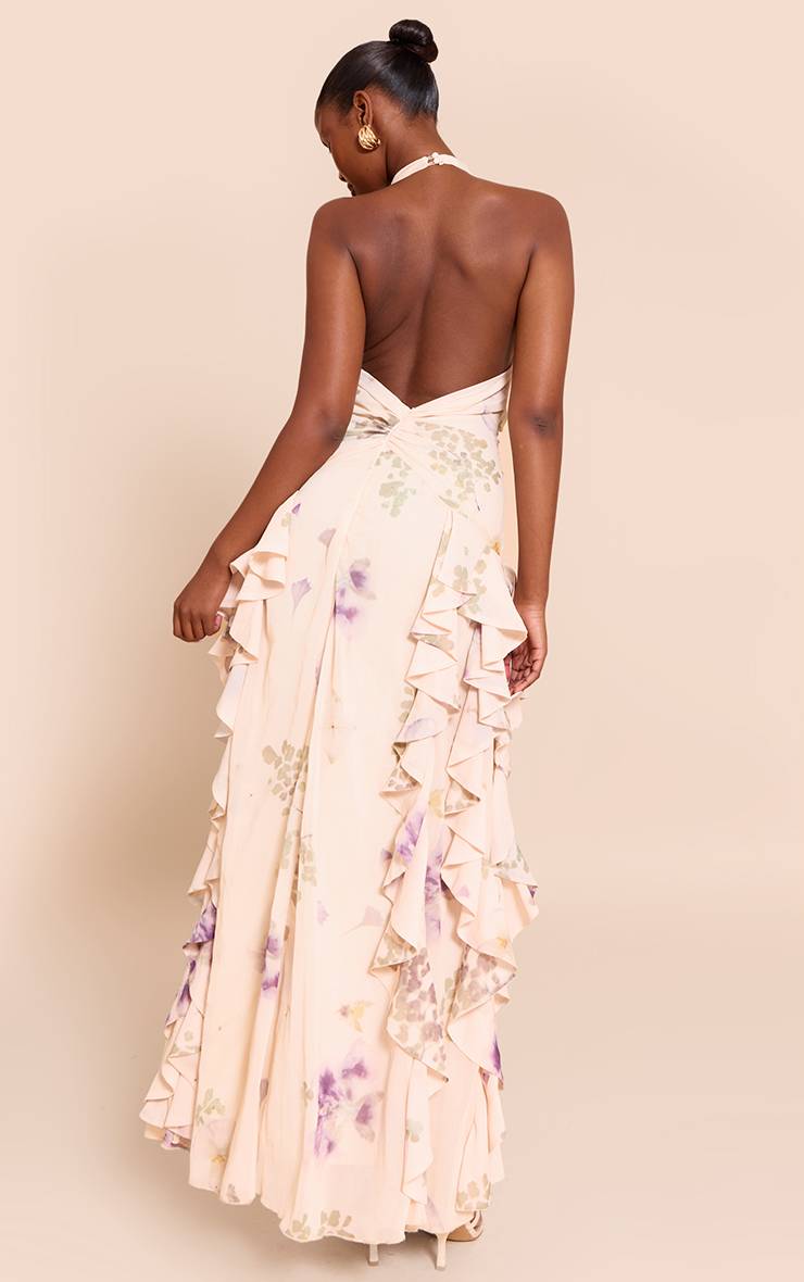 Gris Pierre Robe Longue À Décolleté Plongeant Avec Fronces Et Détails À Volants