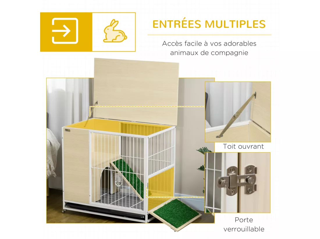 Clapier à lapin sur roulettes cage à lapin 2 niveaux toit ouvrant porte plateau déjection coulissant rampe niche acier blanc aspect bois clair
