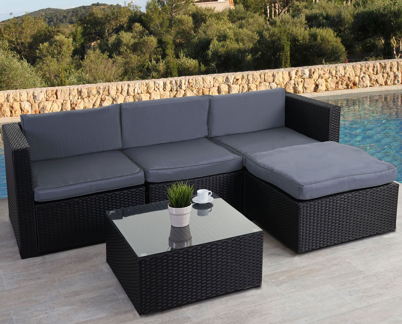 Poly-Rattan-Garnitur MCW-D28, Gartengarnitur Sofa Set ~ anthrazit, Polster grau ohne Deko-Kissen/Abdeckung