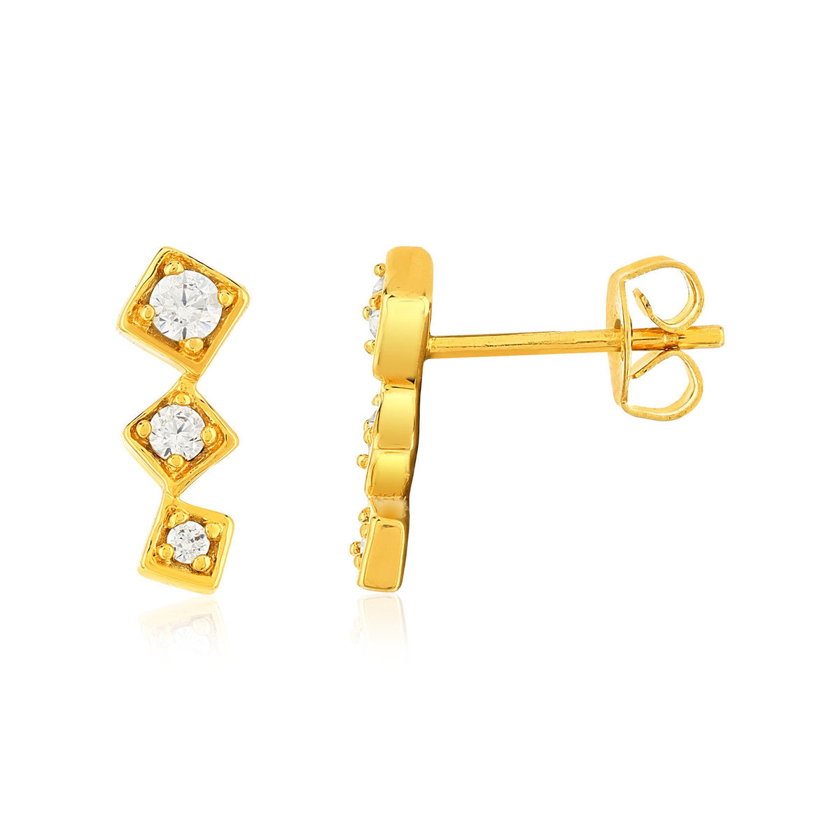 Boucles d'oreilles pendants plaqué or jaune, motif carré et zirconias.