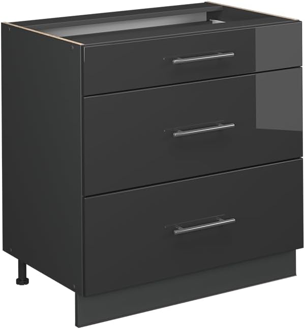 Vicco Küchenunterschrank Fame-Line, Anthrazit Hochglanz, 80 cm mit 3 Schubladen, ohne Arbeitsplatte