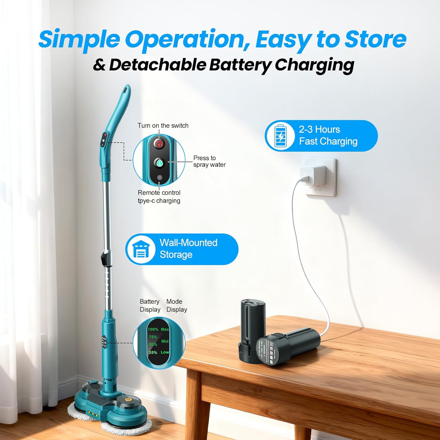 Kabellos Elektrischer Mopp mit 2x2000 mAh Akkus,Elektrischer Wischmopp mit Sprühfunktion/LED Beleuchtung/Smart Display,Wischmopp Poliermaschine mit 300 ML Wassertank,4Pads für Verschiedene Bodenbeläge