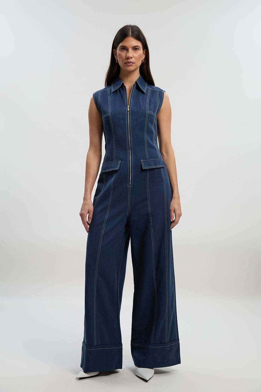 KarenMillen Combinaison Tissée en Coton Tencel avec Coutures Contrastées et Fermeture Éclair Devant
