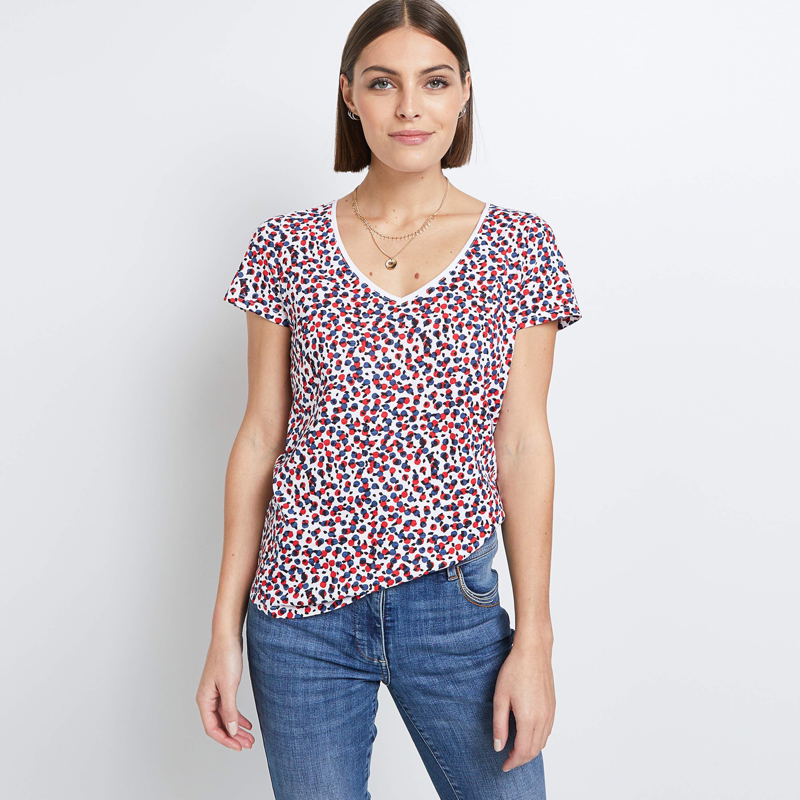 T-shirt imprimé col V femme - BLANC