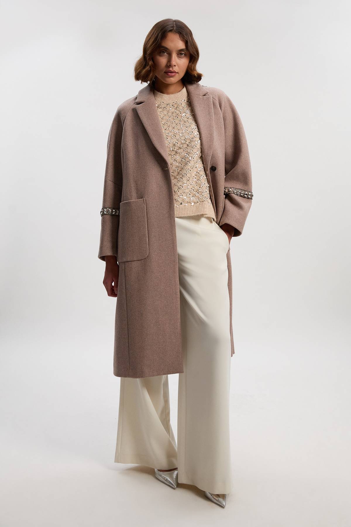 KarenMillen Manteau Tailleur Oversize en Laine Ornementé
