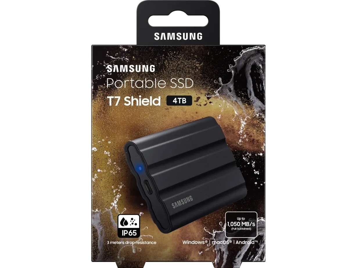 Samsung T7 Shield MU-PE4T0S - SSD - krypteret - 4 TB - ekstern (bærbar) - USB 3.2 Gen 2 (USB-C stikforbindelse) - 256-bit AES - sort