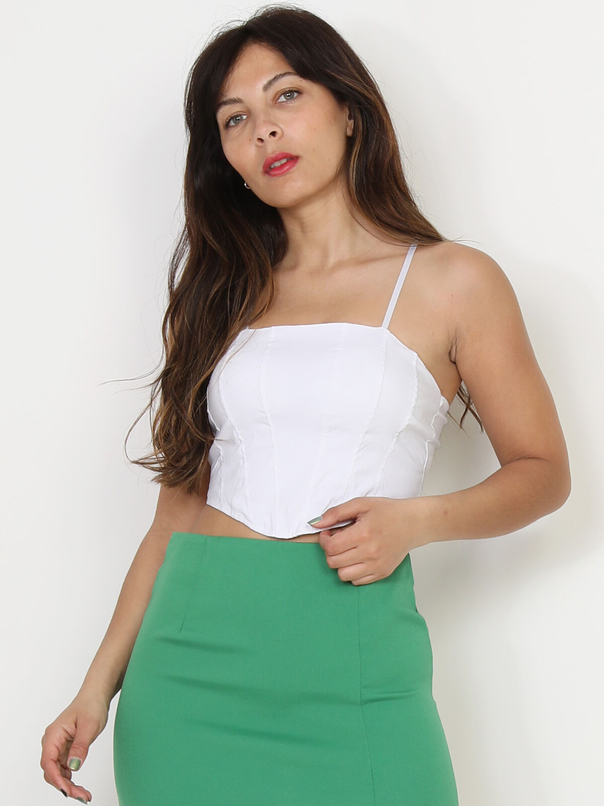 Crop-top style corset à surpiqûres- Blanc