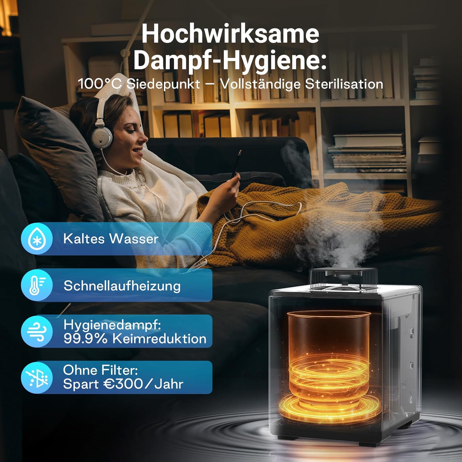 Luftbefeuchter Schlafzimmer Top-Fill, 3L Edelstahl Warmnebel Luftbefeuchter, Reduziert 99,97% der Bakterien, Für Schlafzimmer und Wohnzimmer, Spülmaschinenfest Humidifier,mit Schlafmodus