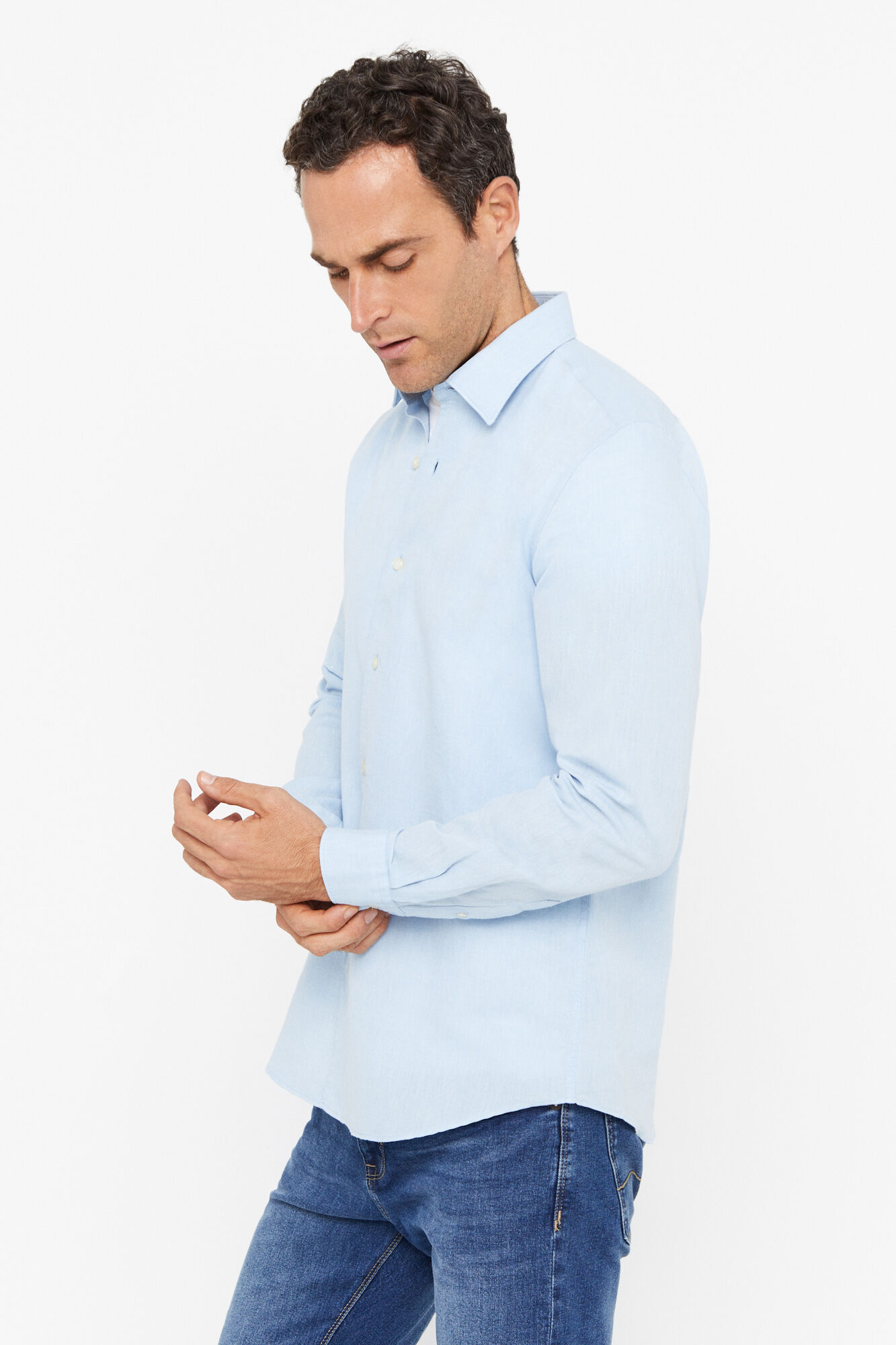 Camisa lisa de linho e algodão - Azul