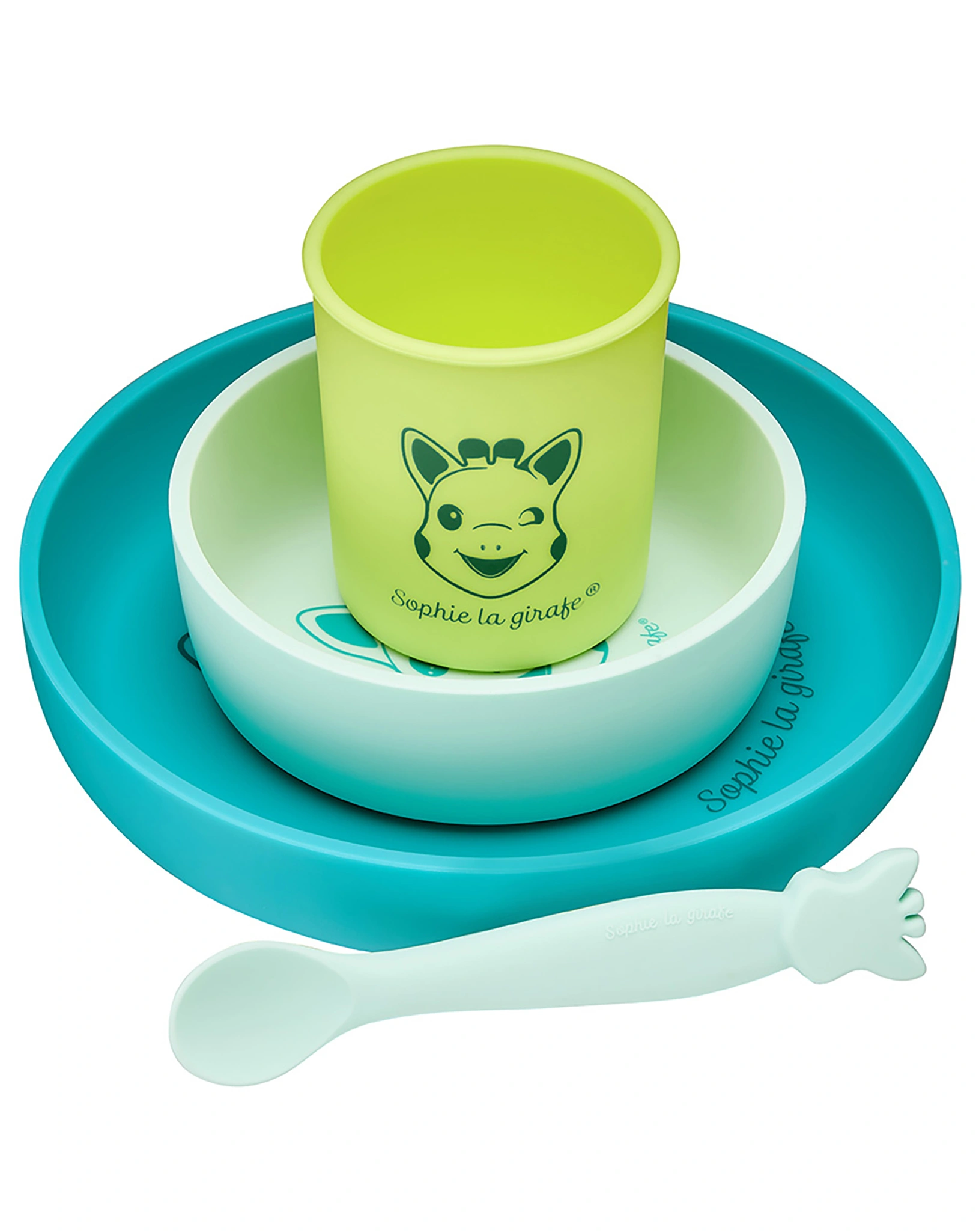 Silikon-Geschirr-Set SOPHIE LA GIRAFE® 4-teilig in grün/blau