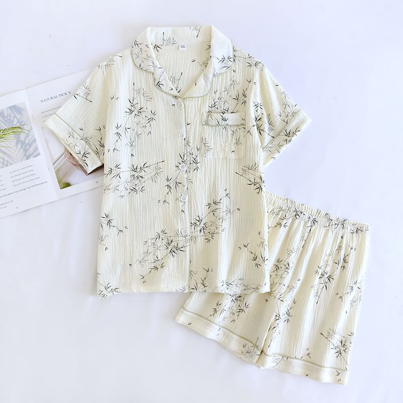 Dogini - Pyjamaset: overhemd met korte mouwen en bladprint + korte broek