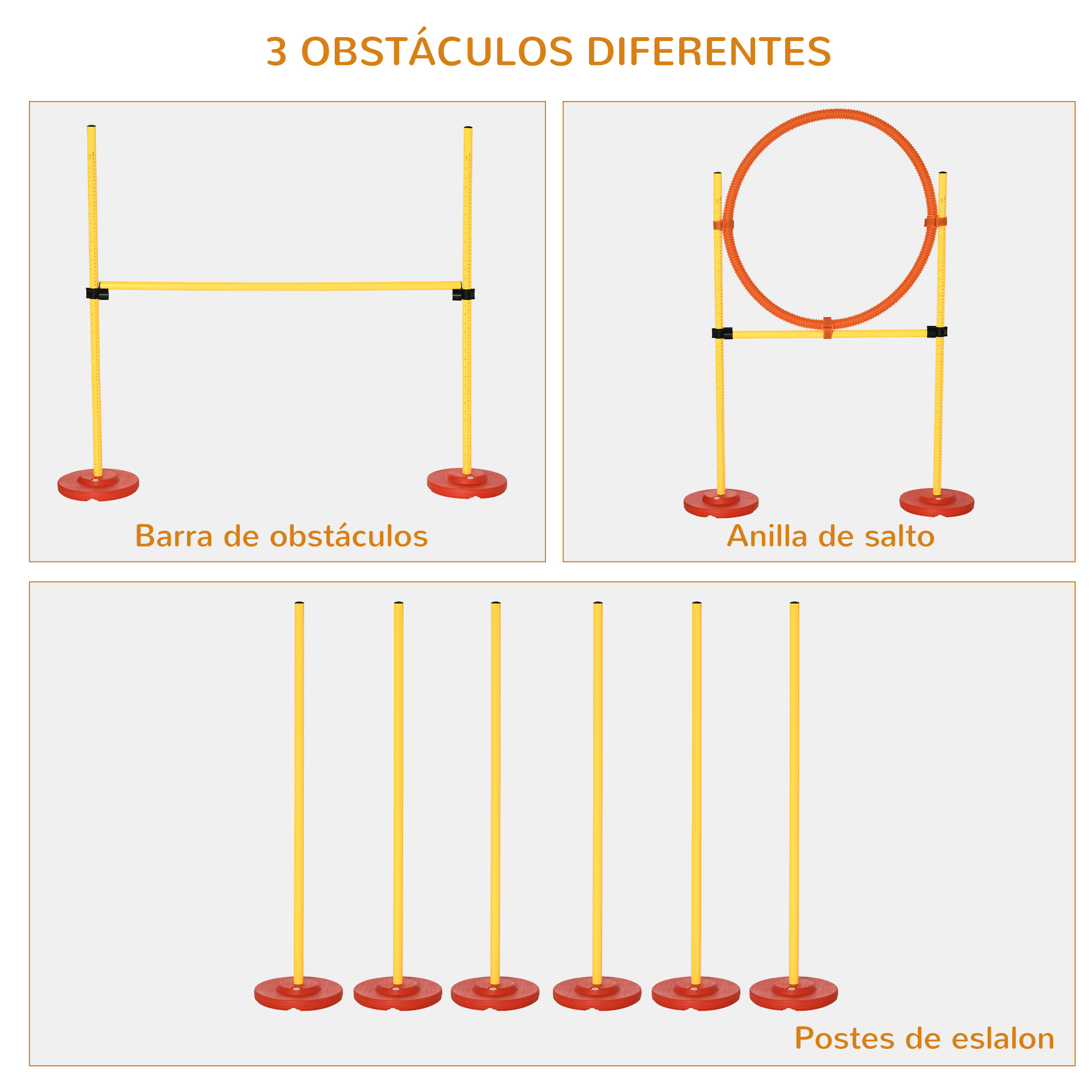 Conjunto de 3 peças de equipamentos para treinamento de agilidade canina PawHut com obstáculos de salto, arco e barreira com altura ajustável e bolsa de transporte (amarelo)