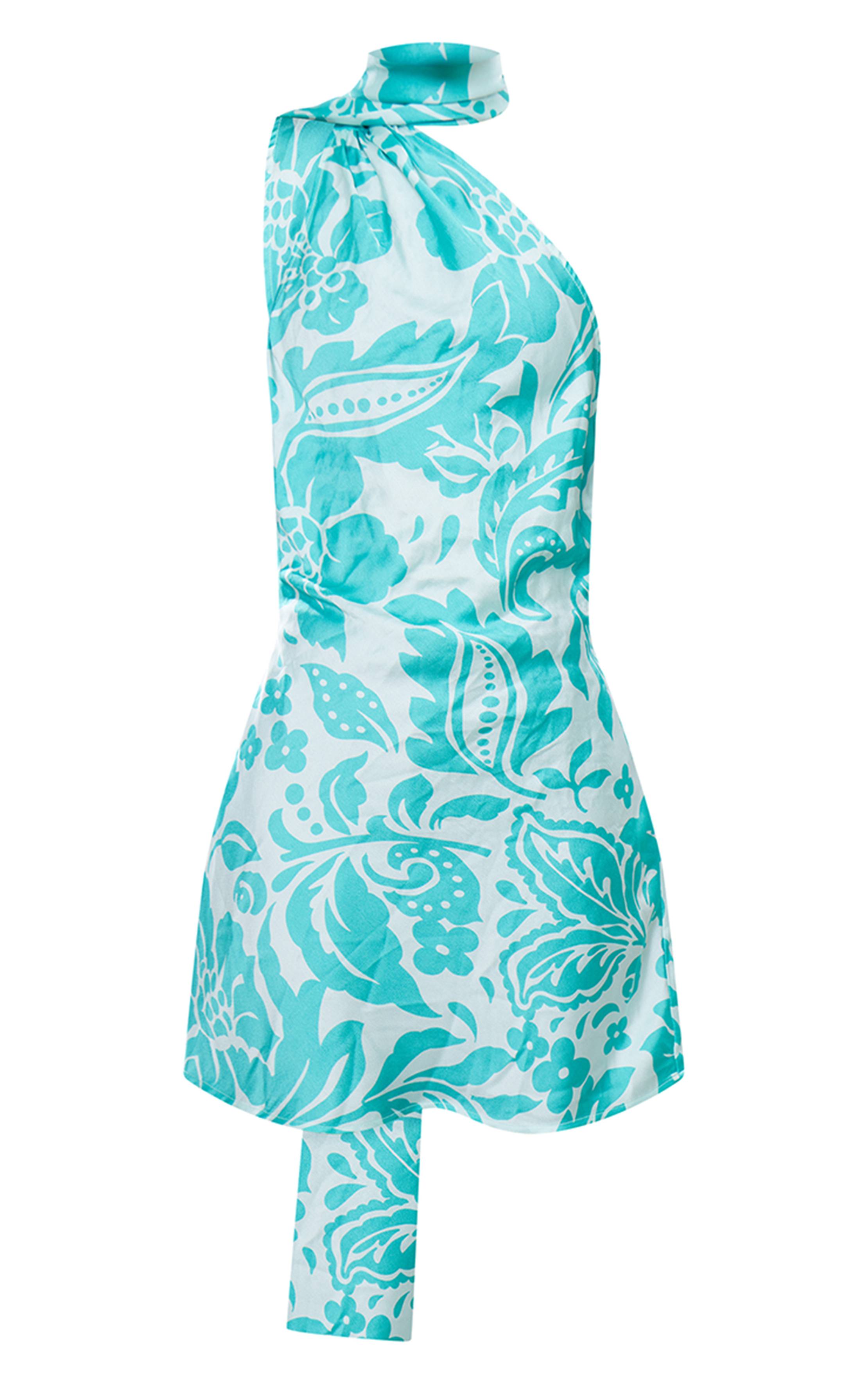 Bleu Turquoise Robe Moulante À Détail Foulard En Satin Imprimé Fleuri