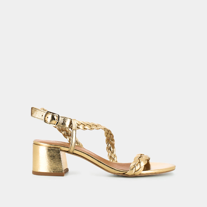 Sandales à talons et brides tressées  en cuir métallisé platine
