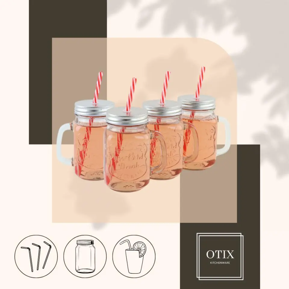 OTIX Mason jar Drinkbeker met Rietje Set van 4 Zilvere dop 450 ml