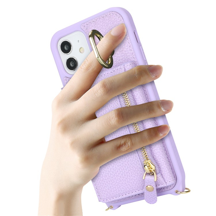 iPhone 12 / iPhone 12 Pro Necklace Leder Hülle mit Münzfach und Kartenfächer   Finger Griff Halterung   Handykette - Lila