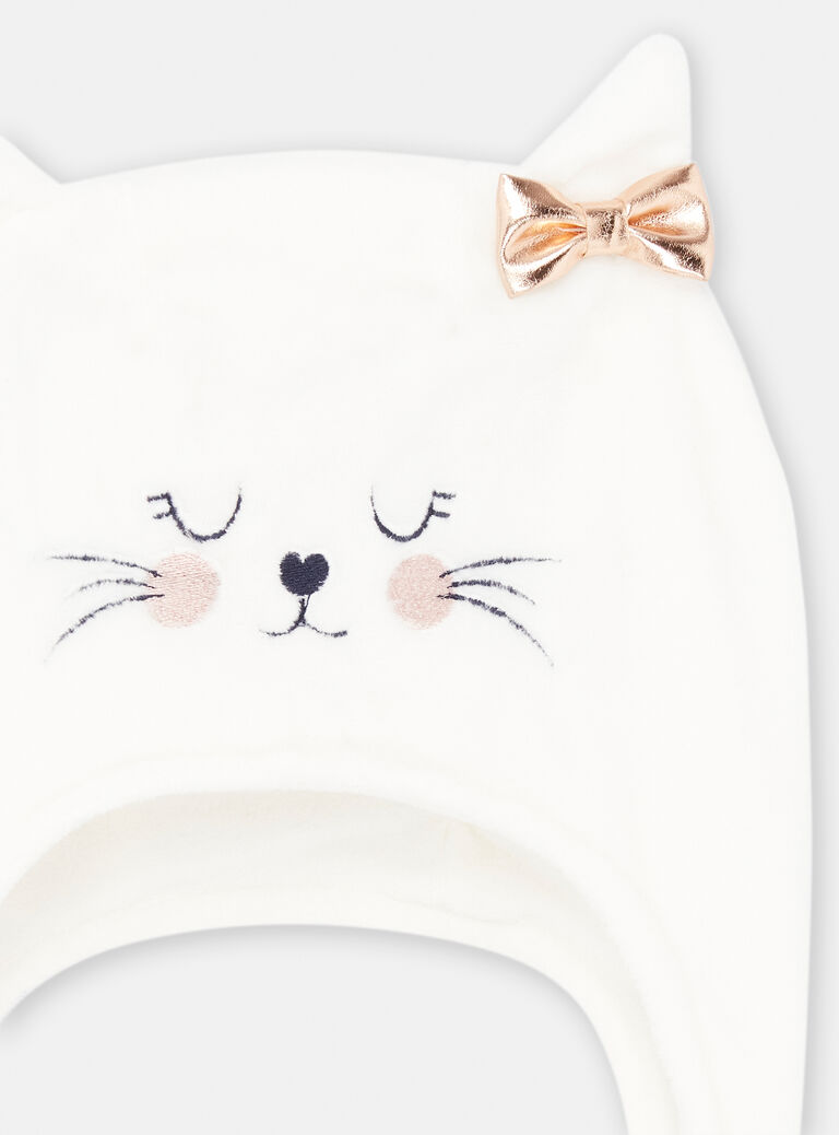 Chapka écru motif chat pour bébé fille